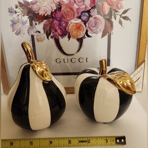 Huge 2pcs Black and White Striped Ceramic Apple & Pear  Gold Leaves Home Decor